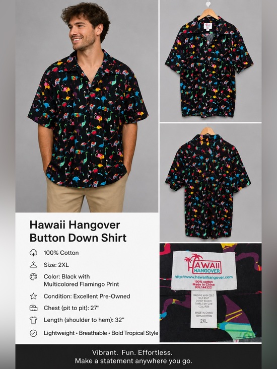 Hawaii Hangover Other - Hawaii Hangover Black Multicolor Flamingo Hawaiian Shirt 2XL Cotton